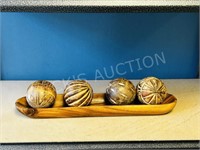 4 pc carved wood ball & tray set