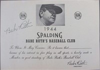 Babe Ruth Signed 1944 Baseball Club Certificate