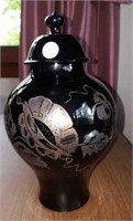 Fenton black glass ginger jar with silver overlay