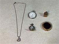 2 Pocket Watches, Necklace,Perfume Bottle,Compact