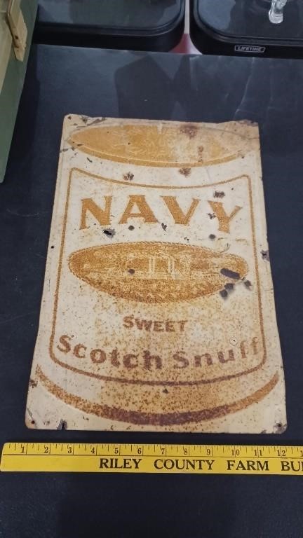 17.5" old embossed tin sign NAVY SCOTCH SNUFF
