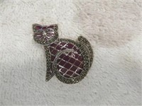STERLING SILVER PURPLE AND MARCASITE CAT BROOCH