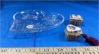 2 Hinged Porcelain Boxes & Crystal Heart Plate