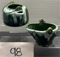 (2) vintage green & white swirled stoneware