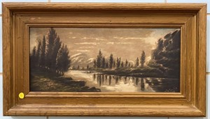 SIGNED OIL ON BOARD OF MOUNTAIN & RIVER SCENE