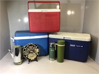 3 Coolers ,Vintage Thermos & More