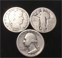 Set of 3 Silver Quarters 1908 O Barber, 1925