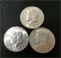 Set of 3 40% Silver Kennedy Half Dollars, 1965,