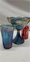 Indiana blue iridescent pedestal compote & glass