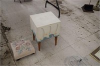 Wooden Table w/ Table Cloth Design & Floral Stool