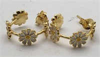Sterling Gold Tone Enameled Flower Earrings
