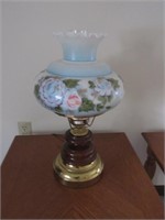 Pine & Brass Electric Lamp w/Hand Painted Shade