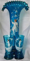 Mary Gregory 15" Hand Painted Vase & 2 Glasses