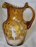 Mary Gregory 9.5" Hand Painted Amber Glass Pitcher