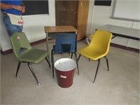 Chairs, Desk, and Trashcan