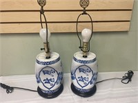 Pair, Blue & White Oriental Porcelain Pillow Lamps