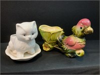 Hull Parrot Planter and Ceramic Cat Planter