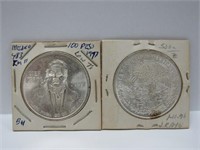 2 coins, Mexico 100 Pesos Silver