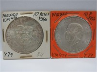 1956, 1960 Mexico 10 Pesos silver