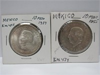 1955, 1957 Mexico 10 Pesos silver