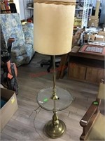 GLASS TABLE WITH FLOOR LAMP BEIGE SHADE GLASS TABL
