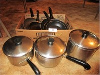 Box lot-5 frying pans, 3 sauce pots, 6 lids