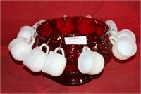 RED GLASS PUNCH BOWL W/11 CUPS & HANGERS