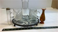 Crystal Glass Cups, Platter, Vase, Salt Shaker