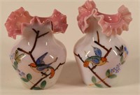Pair Of Bird Painted Uranium Glass Cabinet Vases
