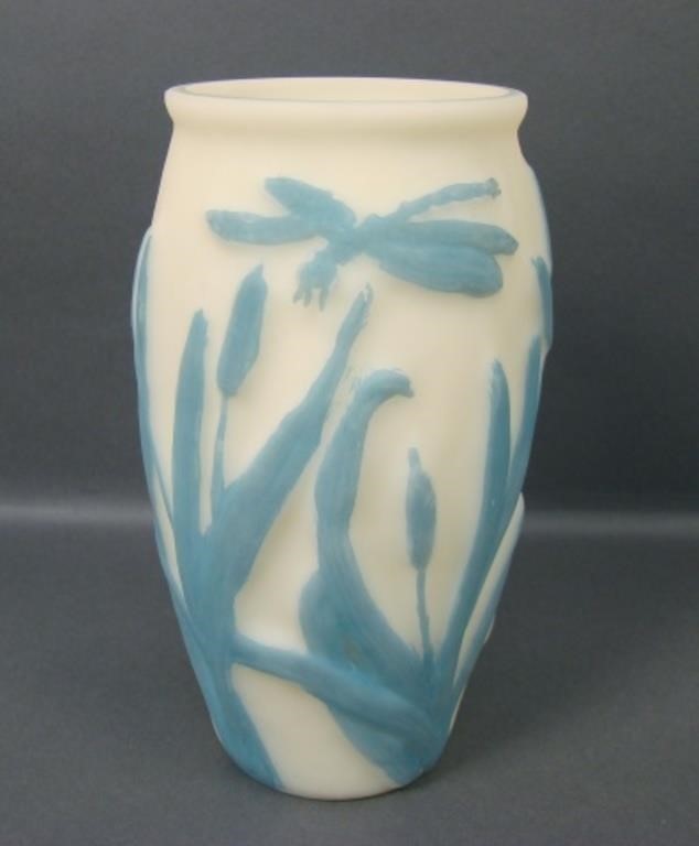 Consolidated Blue on Custard Dragonfly Vase