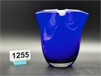 Blue cased glass hand blown ruffled vase