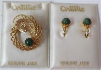 Estate Genuine Jade Brooch & Earrings