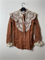 Vintage Femme Pearl Snap Lace Shirt Brown