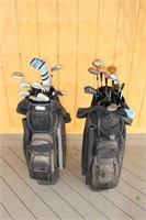 2 golf bags with assorted clubs and accessories
