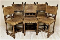 Henri II Style Embossed Leather Oak Chairs.
