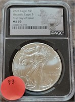 2021 1ST DAY ISSUE T-1 SILVER EAGLE $1 COIN - MS70