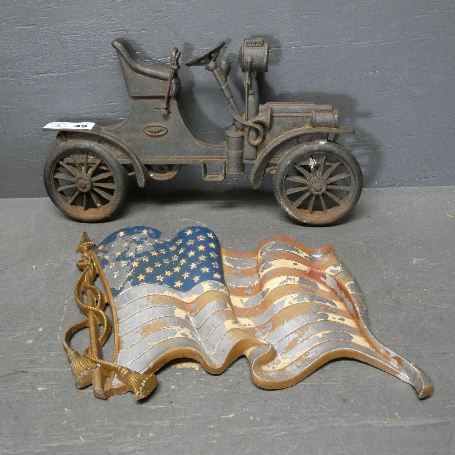 Cast Aluminum American Flag & Antique Car