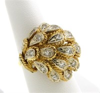 18K Yellow Gold Feather Style Diamond Dome Ring