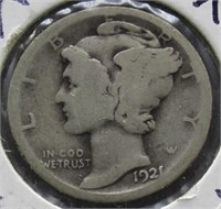 1921-D Mercury Silver Dime. Key Date.