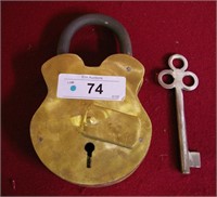 Large Antique Brass Padlock & Key - 7"