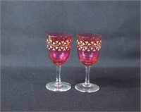 Pair Gold Encrusted Cranberry Sherry Glasses