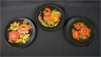 3 USSR Russia Black Lacquer Wall Plates