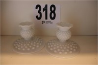 Pair Of Hobnail  Milk Glass Candle Holders (3"