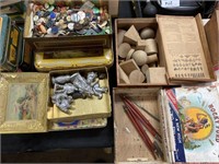 Toys, buttons, pewter, tins, boxes.