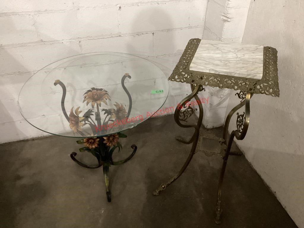 Medal Marble Top & Floral Glass End Table