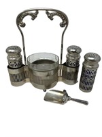 Silver condiment server with cobalt glass inserts