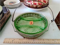 Green Divied Glass Serving Dish  in Metal Basket