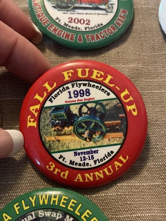 Farm Machinery advertising pins: John Deere, Allis, IH more