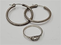 Sterling Silver Hoop Earrings & Heart Ring sz6