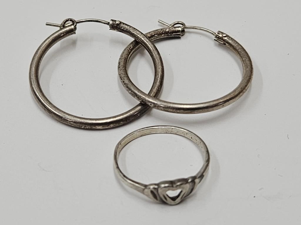 Sterling Silver Hoop Earrings & Heart Ring sz6